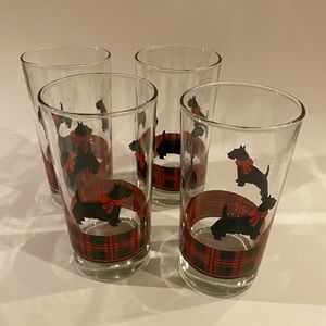 Vintage Scottie Dog Terrier Glasses Set of 4 Anchor Hocking Red Plaid